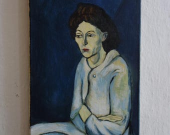 美術品、希少なキュビズム絵画 - 女性、青の時代、署名入り、パブロ
