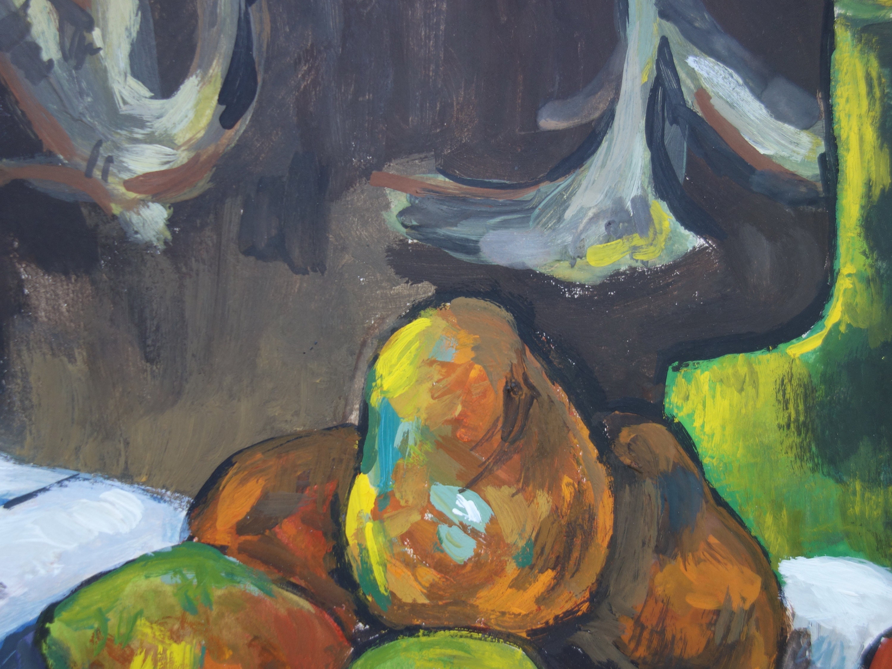 タヒチのユニークな油絵、静物画、ポール・ゴーギャンのサイン入り