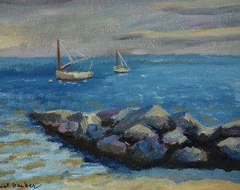 Fine American modernist painting – seaside seascape, Signed, -- Hopper era