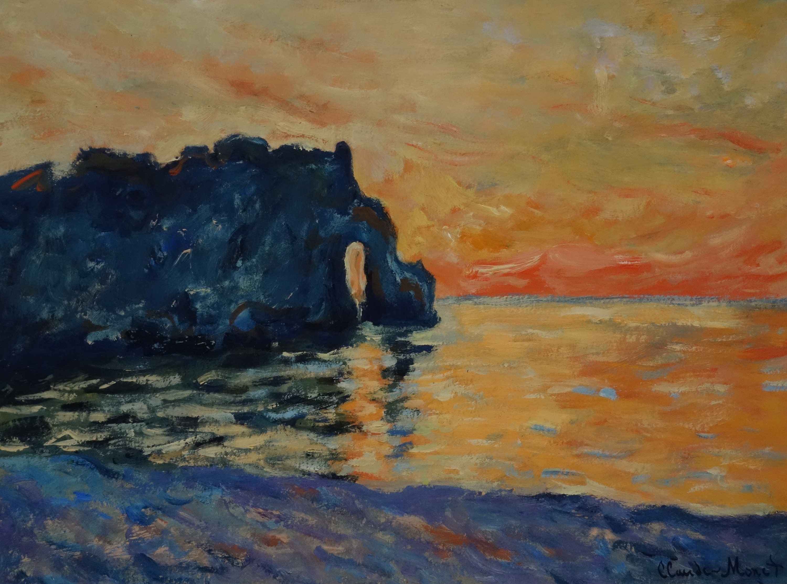 美術品、珍しい印象派の絵画 - 海辺の夕日、署名入り、クロード・モネ