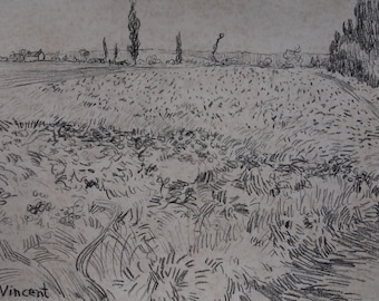 Fine post impressionist, charcoal landscape drawing, after Vincent van Gogh Signed