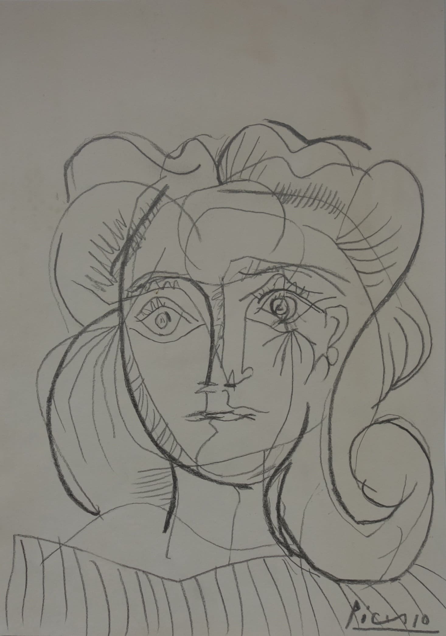 Very rare unique Cubist Picasso era, Portrait study, charcoal drawing, Signed
