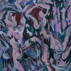 May include: Abstract painting depicting two figures in a swirling, colourful background. The figures are painted in shades of pink and red, with their limbs intertwined. The background is a mix of blues, greens, and purples.