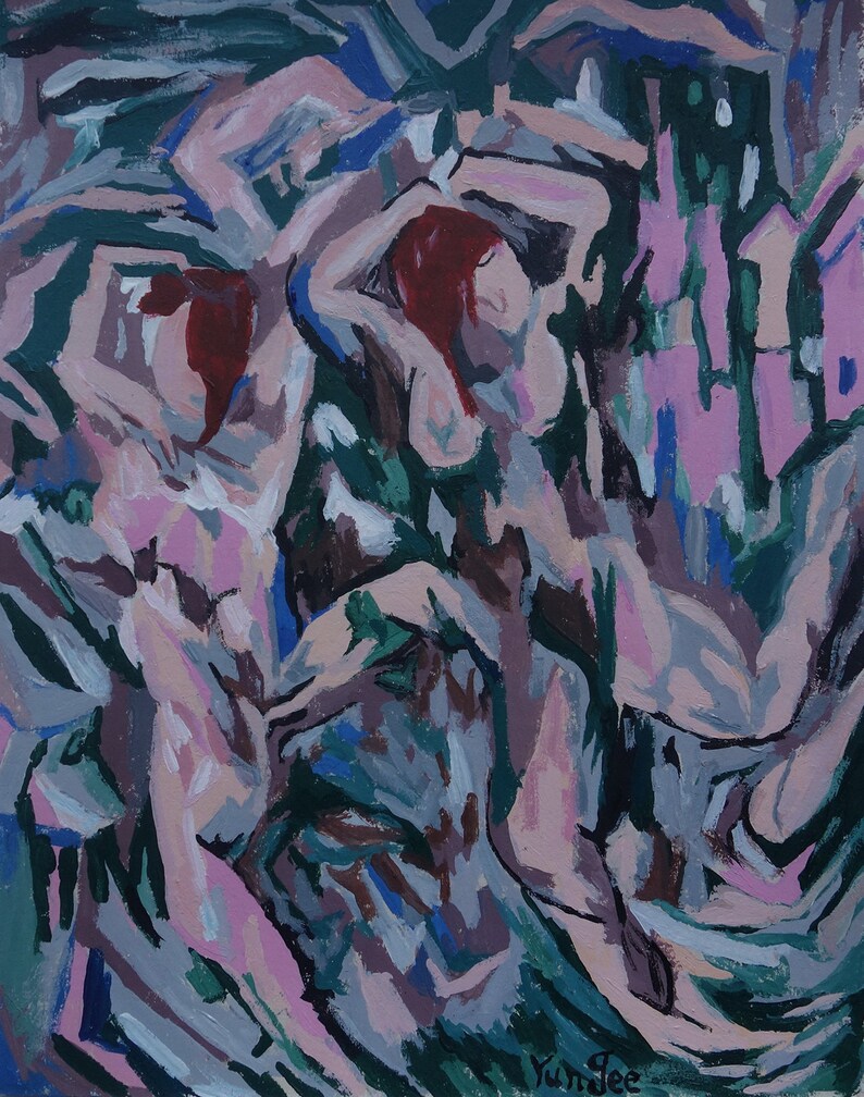 May include: Abstract painting depicting two figures in a swirling, colourful background. The figures are painted in shades of pink and red, with their limbs intertwined. The background is a mix of blues, greens, and purples.