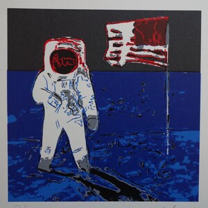 May include: A colorful screen print of an astronaut standing on the moon with an American flag planted in the lunar surface. The print is signed "Andy Warhol" and numbered 52/300.