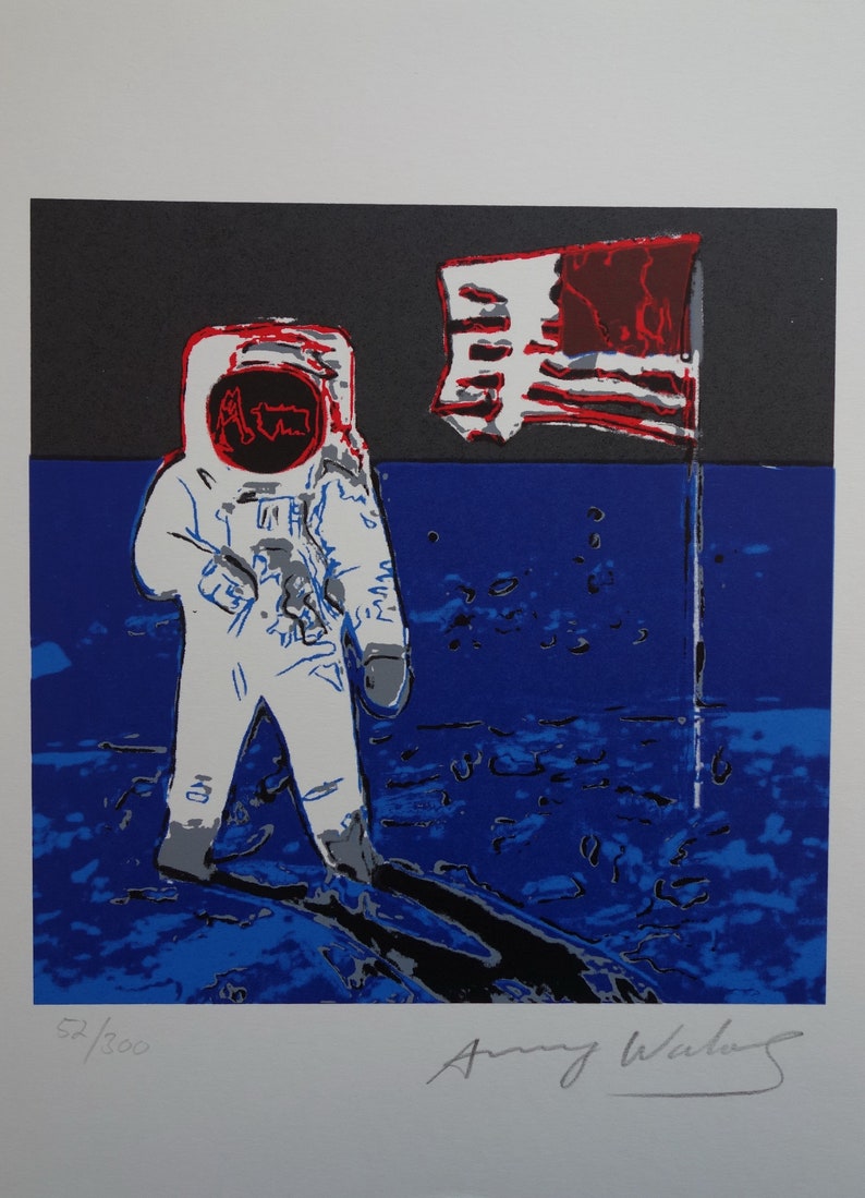 May include: A colorful screen print of an astronaut standing on the moon with an American flag planted in the lunar surface. The print is signed "Andy Warhol" and numbered 52/300.
