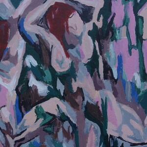 May include: Abstract painting depicting two figures in a woodland scene. The figures are rendered in shades of pink, brown, and grey, with touches of blue and green. The background is a blend of green, brown, and pink.