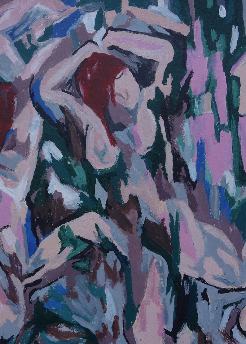 May include: Abstract painting depicting two figures in a woodland scene. The figures are rendered in shades of pink, brown, and grey, with touches of blue and green. The background is a blend of green, brown, and pink.