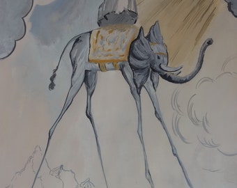 Peinture à l’huile surréaliste, Eléphant, Marqué, Signé, Salvador Dali