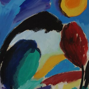 May include: Abstract painting with a bright yellow sun, a red flower, and green and blue shapes on a light blue background. The painting is signed "A. Jawlensky".