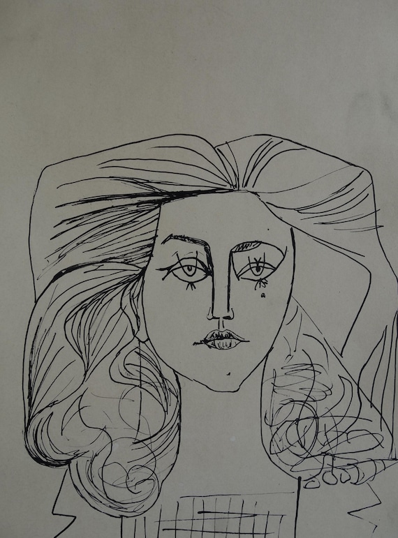 Very Rare Unique Cubist Picasso Era, Portrait Study, Ink Drawing