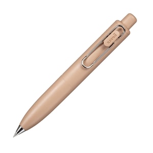 May include: A beige mechanical pencil with a silver clip and a Uni logo on the top.