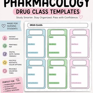 May include: A printable PDF template for pharmacology drug classes, featuring sections for action, side effects, and contraindications. The design includes multiple color options and is designed for nursing students. The text on the image says "Study Smarter. Stay Organized. Pass with Confidence."