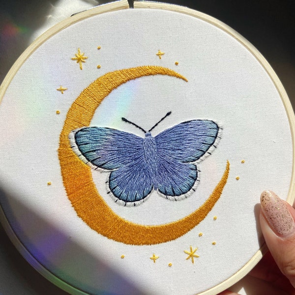 Butterfly and Moon Embroidery Hoop Art