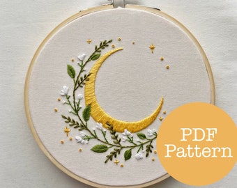 Floral Crescent Moon PDF Embroidery Pattern