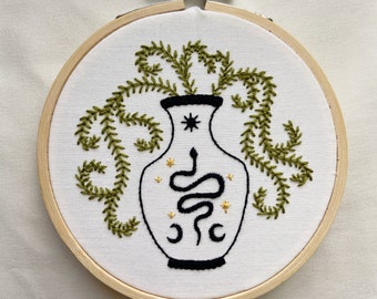 Snake Vase and Fern Embroidery Hoop Art