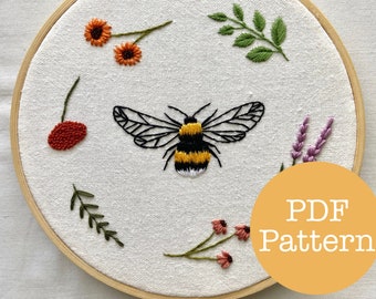 Bee and Flowers PDF Embroidery Pattern