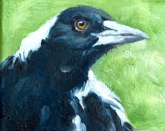 Original Painting 10x10cm | Mini Painting | Magpie | Bird Painting | Animal Portrait | Oil Painting | Canvas Art | Wall Art | Gift