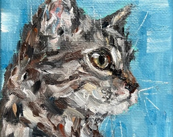Peinture originale de chat à l'huile sur toile 10 x 10 cm, mini art animalier mignon idéal pour une déco maison ou un cadeau unique pour les amoureux des chats