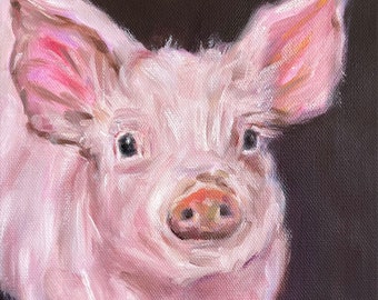 Original Pig Oil Painting: Adorable Farm Animal Portrait (8"x10")