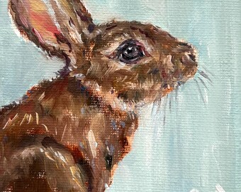 Miniature Rabbit Oil Painting: Charming Animal Art, 4x4" Canvas