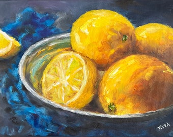 Original Lemon Oil Painting on Canvas 5"x7", Still Life Artwork on Premium Canvas Size Ideal For Home Deco or Gifts to Art Lovers