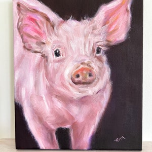 Pink Pig Original Oil Painting on Canvas, Cute Pig Wall Art for Pig Lover Gift, Farm Animal Portrait, 20x25cm Hand-Painted Artwork