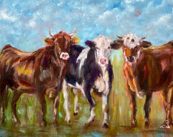 Oryginalny obraz olejny przedstawiający krowę: Farmhouse Fine Art 12"x16"