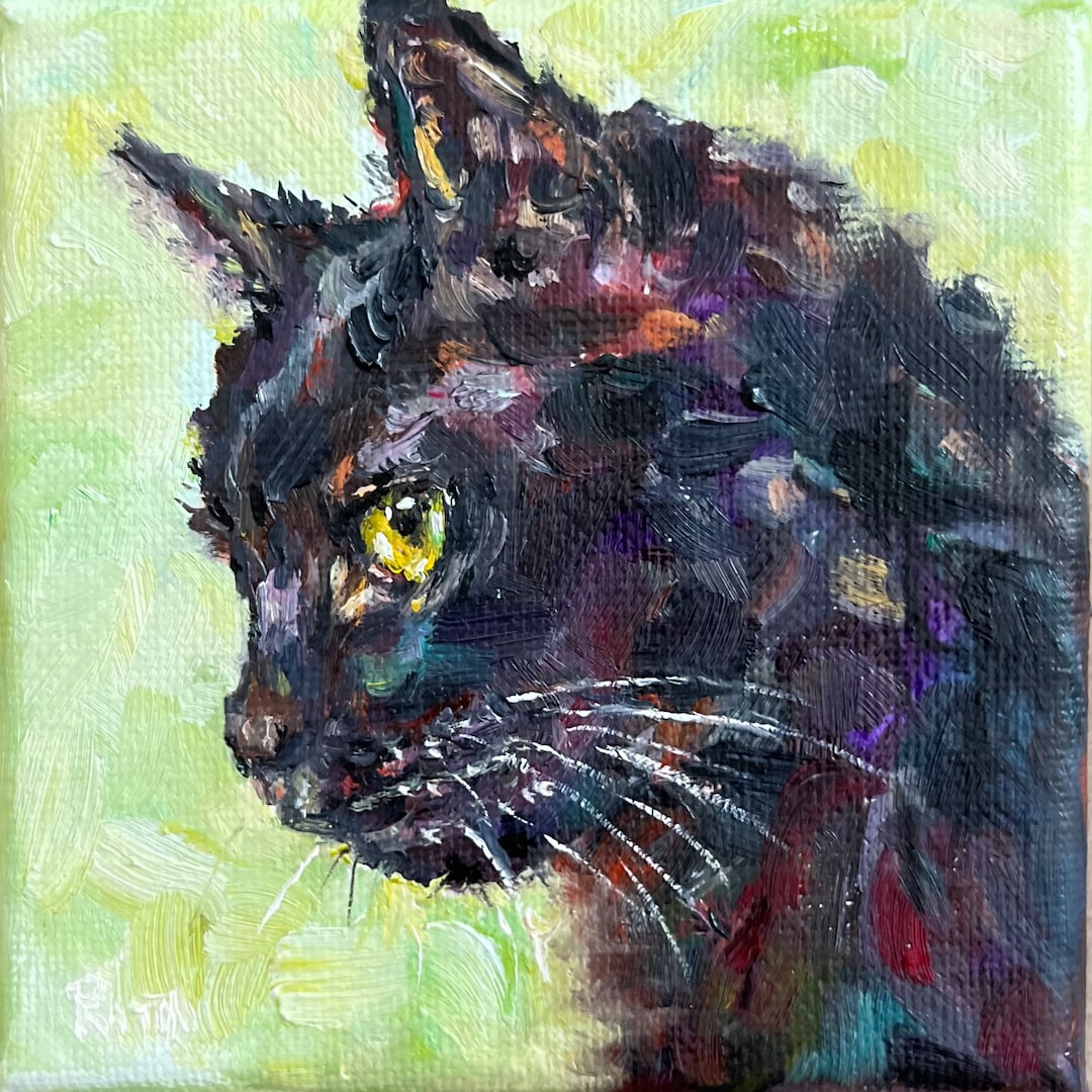 Original Black Cat Oil Painting on Canvas 10x10cm, Mini Art of ...