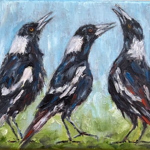 Original Oil Painting of Magpies on Canvas 13x18cm, Australian Native Birds Art Ideal for Home Decoration or Gifts to Nature Lovers