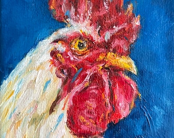 Mini Rooster Oil Painting: Farm Animal Portrait, 4x4" Canvas