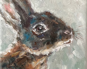 Miniature Rabbit Oil Painting: Original Animal Art on 4"x4" Canvas