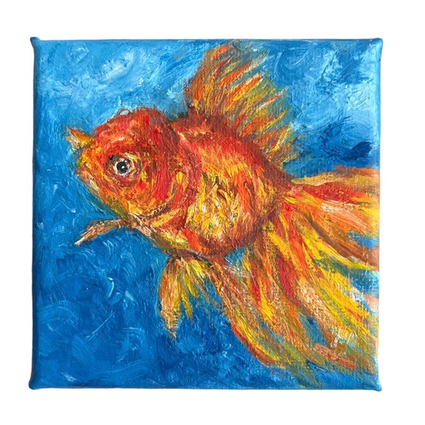 Original Gold Fish Oil Painting on Canvas 10x10cm, Mini Art Ideal for Home Decoration or Gift to Animal Lovers