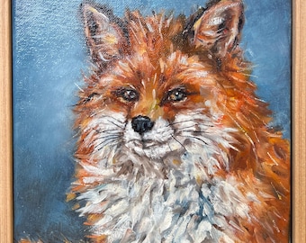 Original Fox Oil Painting on Canvas: Wild Animal Portrait 8.7”x8.7” with Frame