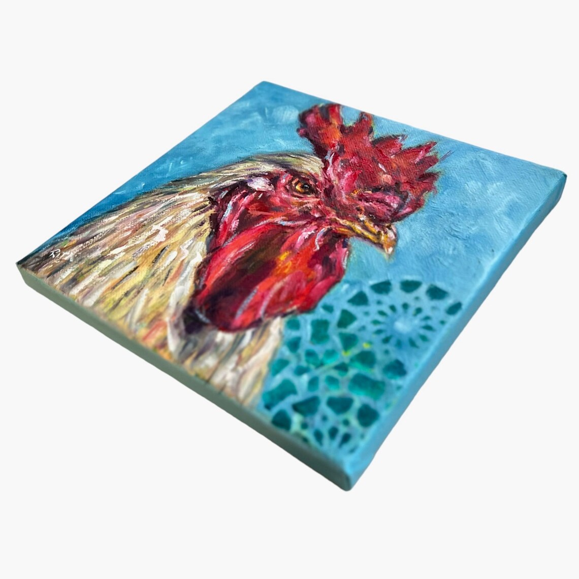 Cream White Rooster Portrait, Original Oil Painting Art, Blue ...