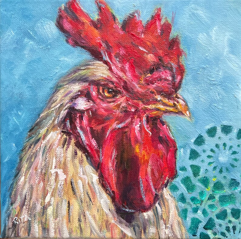 Cream White Rooster Portrait, Original Oil Painting Art, Blue ...