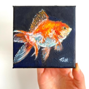 Original Oil Painting of Gold Fish, 4&quot;x4&quot; Mini Canvas Art of Pet Portrait Ideal for Wall Deco or Gift to Fish Lovers