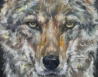 Origineel wolvenolieverfschilderij op minicanvas 4 x 4 inch: natuurportretkunst
