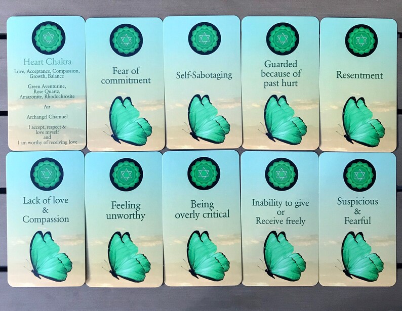 K&ouml;nnte beinhalten: Ein Set aus zehn rechteckigen Karten mit hellgr&uuml;nem Hintergrund, einem gr&uuml;nen kreisf&ouml;rmigen Chakrasymbol oben und einer gr&uuml;nen Schmetterlingsillustration unten. Jede Karte zeigt einen individuellen Text zum Herzchakra und emotionalen Zust&auml;nden.