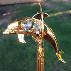 Dolphin Figurine Ornament Swarovski Crystal 24 Karat Gold Plated Chime Porpoise Suncatcher