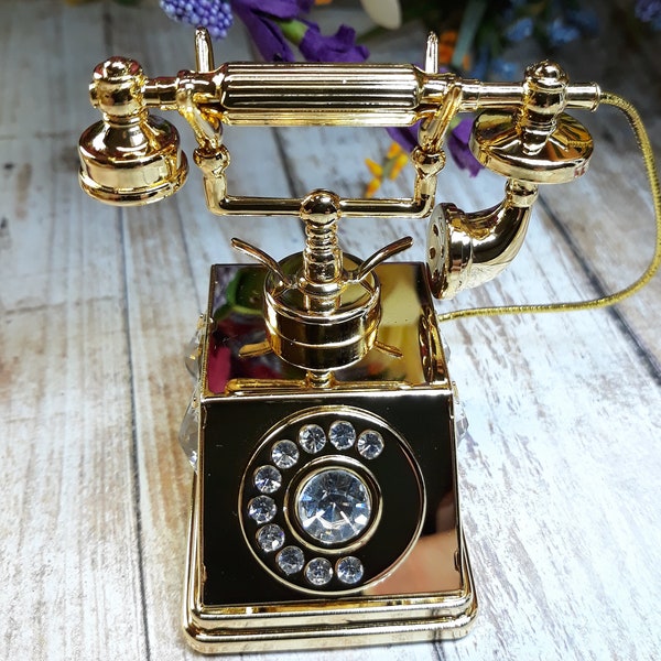 Telephone Ornament Swarovski Crystal Studded 24 Karat Gold Plated Vintage Antique Telephone  Figurine Ornament Sun Catcher