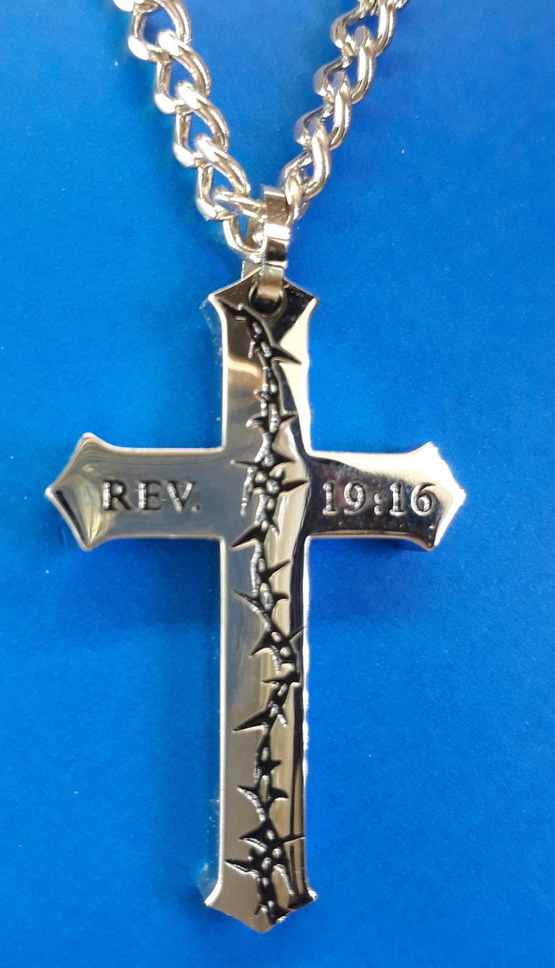 Masculine Cross Necklace Revelation 19:16 Stainless Steel Crown of Thorns 24 in Chain-Reversible Scripture Christmas Easter Resurrection