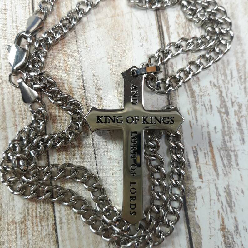 Masculine Cross Necklace Revelation 19:16 Stainless Steel Crown of Thorns 24 in Chain-Reversible Scripture Christmas Easter Resurrection