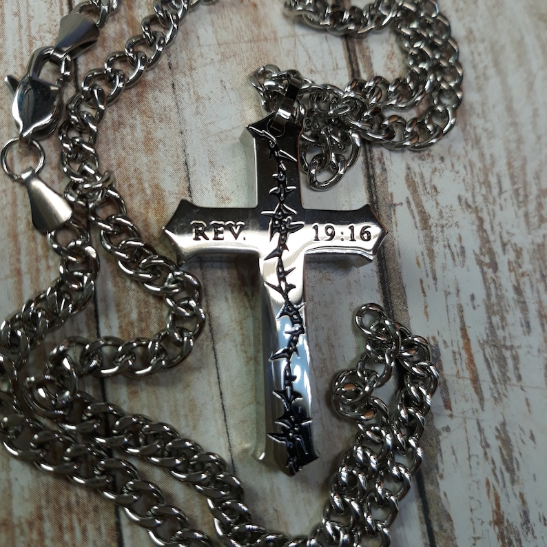 Masculine Cross Necklace Revelation 19:16 Stainless Steel Crown of Thorns 24 in Chain-Reversible Scripture Christmas Easter Resurrection