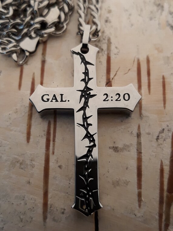 Masculine Cross Necklace Revelation 19:16 Stainless Steel Crown of Thorns 24 in Chain-Reversible Scripture Christmas Easter Resurrection