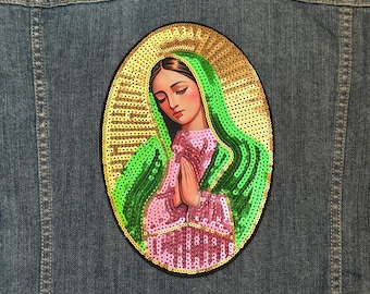 Large Lady of Guadalupe Iron on Patch or Sew Appliqué Sequin & Fabric Our Virgen Mary Religious Catholic Cameo Bust Elegant Mexican Patch