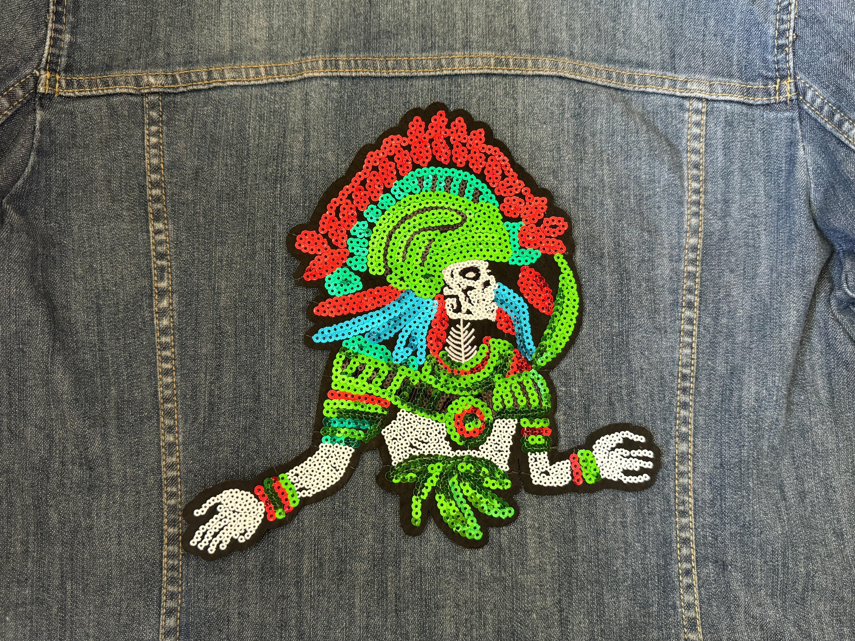 Aztec Chief Moctezuma Skeleton Sequin Iron on Patch Warrior Appliqué ...