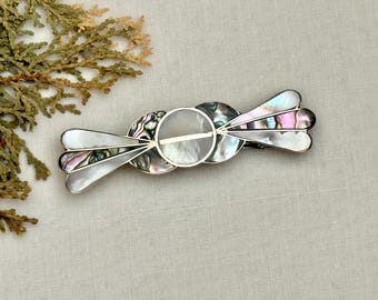 Vintage Mexico Alpaca Silver Mother of Pearl Inlay Daisy Hair Clip Mexican Shell Hair Clip, Mother of Pearl Hair Barrette  main image 4