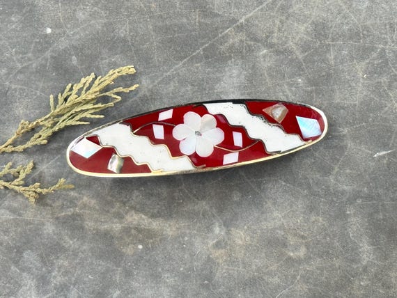 Barrette Clip MOP Abalone White & Red Enamel Vintage Style  display picture 1