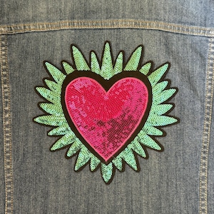 Sacred Heart Sequin Fun Iron on Patch or Sew Appliqué Large Retro Shiny Patch for Clothing, Jackets Backpacks & More Pink and Green Cool!
